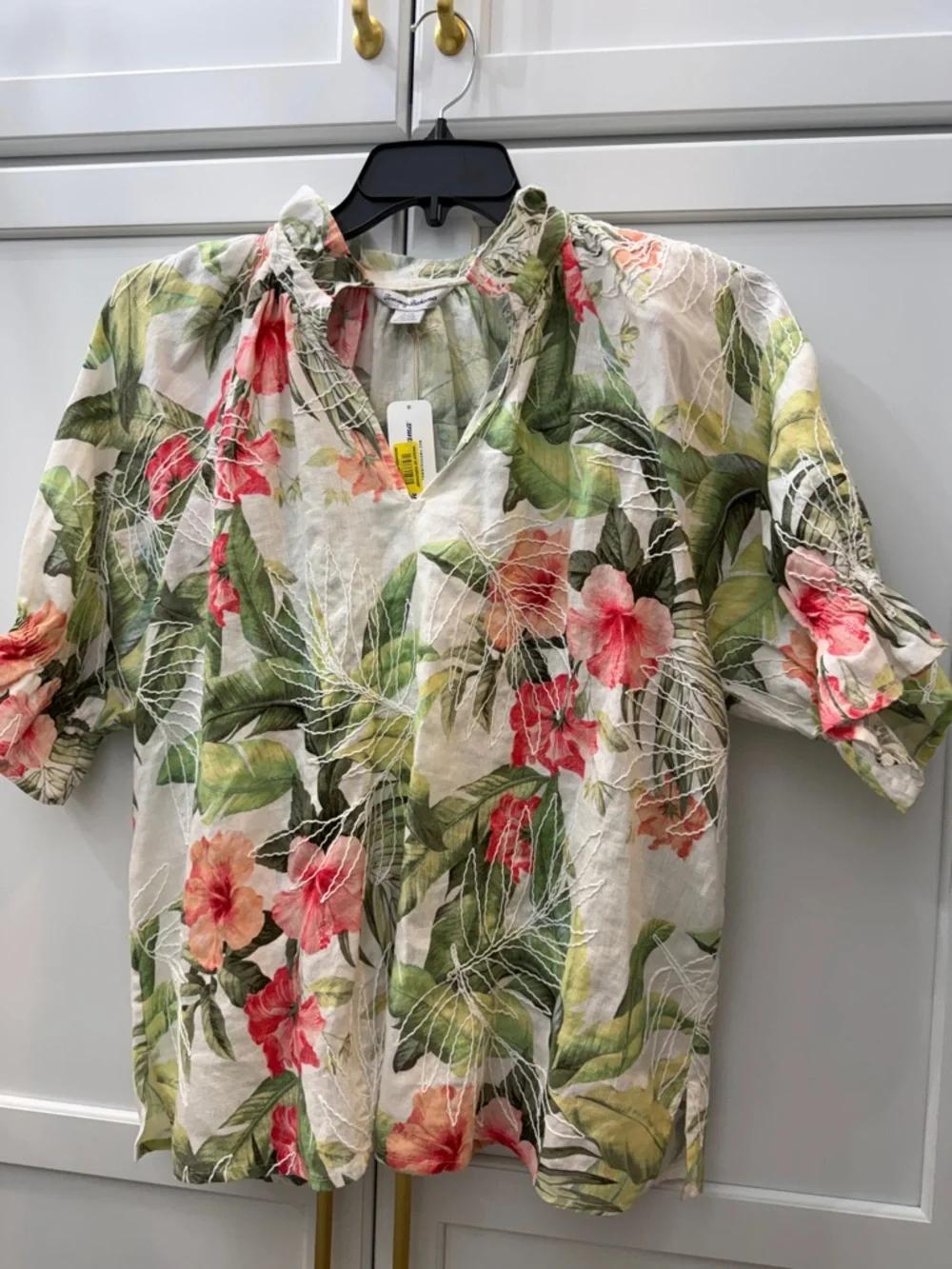 Tommy Bahama Floral Linen Blend Blouse in Green and Pink NWT Lg - Picture 1 of 5